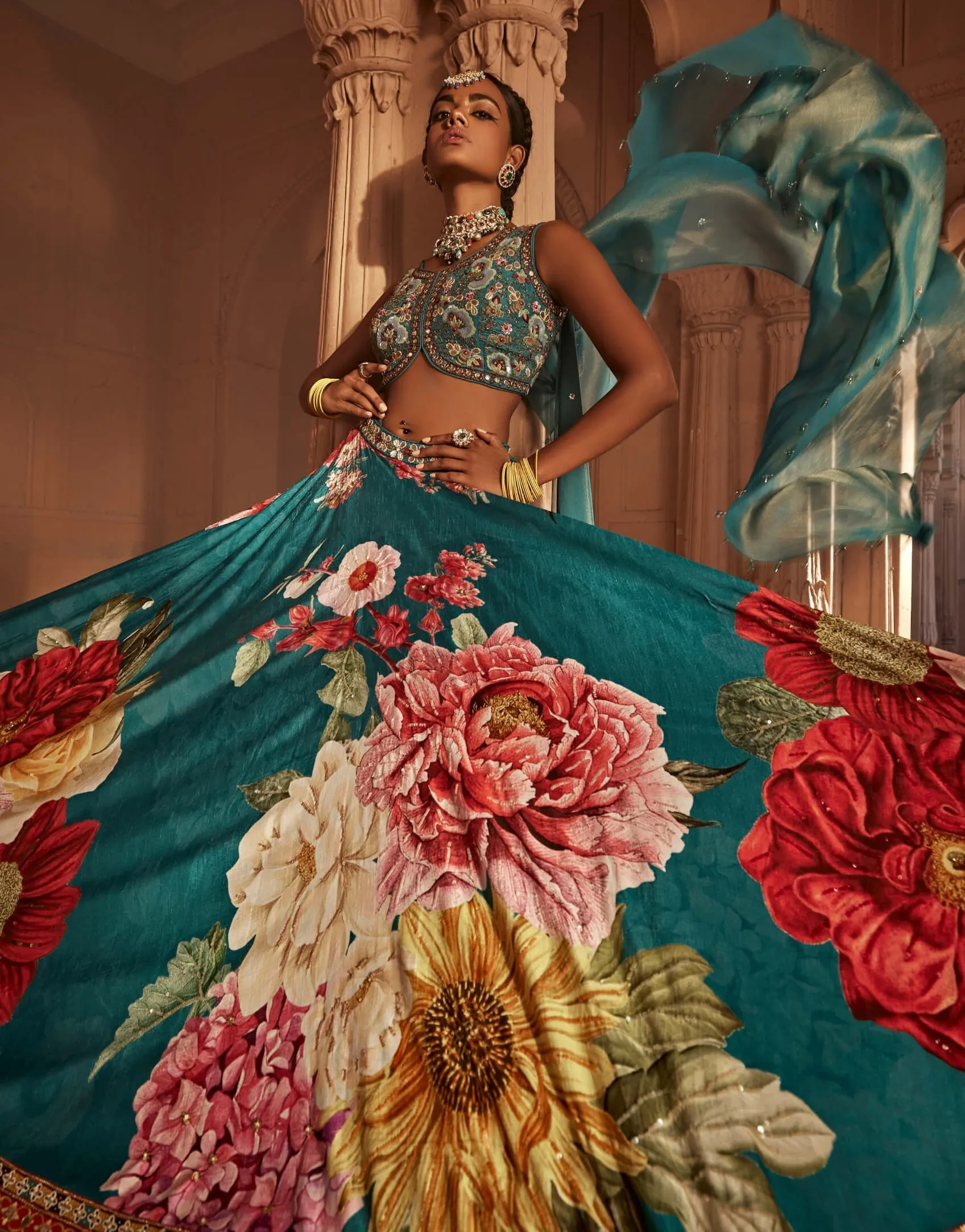 Gushaad teal blue floral lehenga set