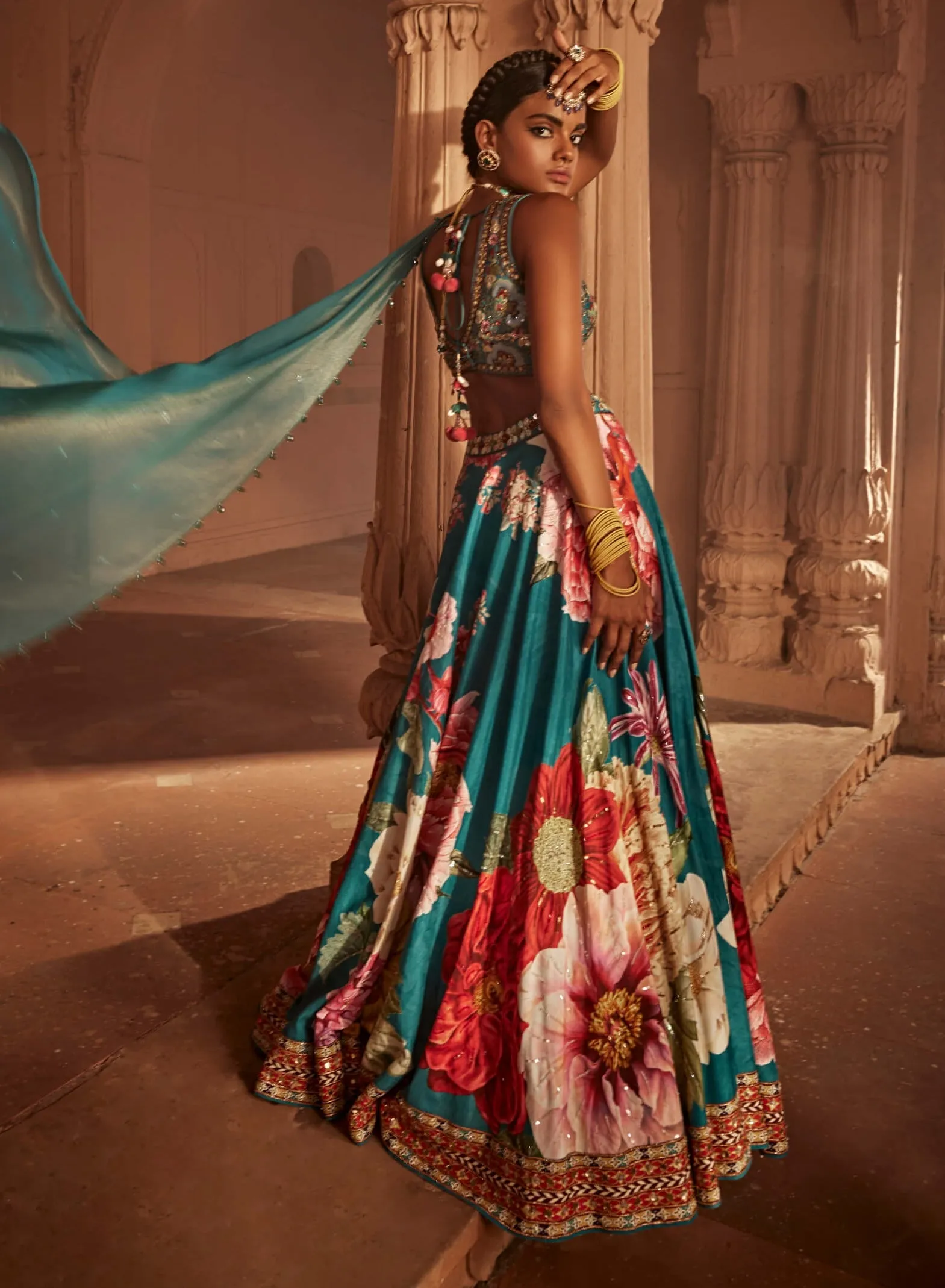 Gushaad teal blue floral lehenga set
