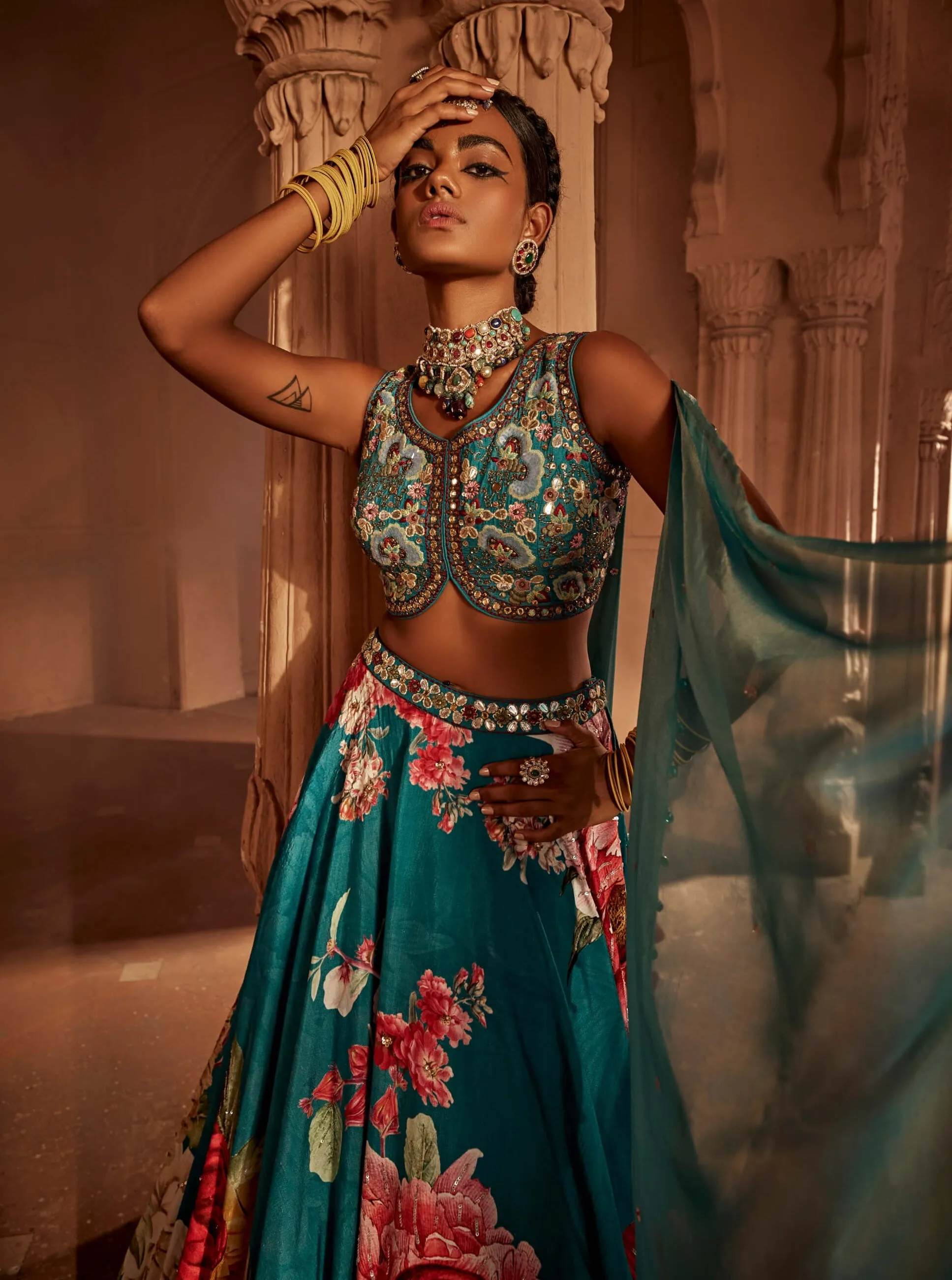 Gushaad teal blue floral lehenga set