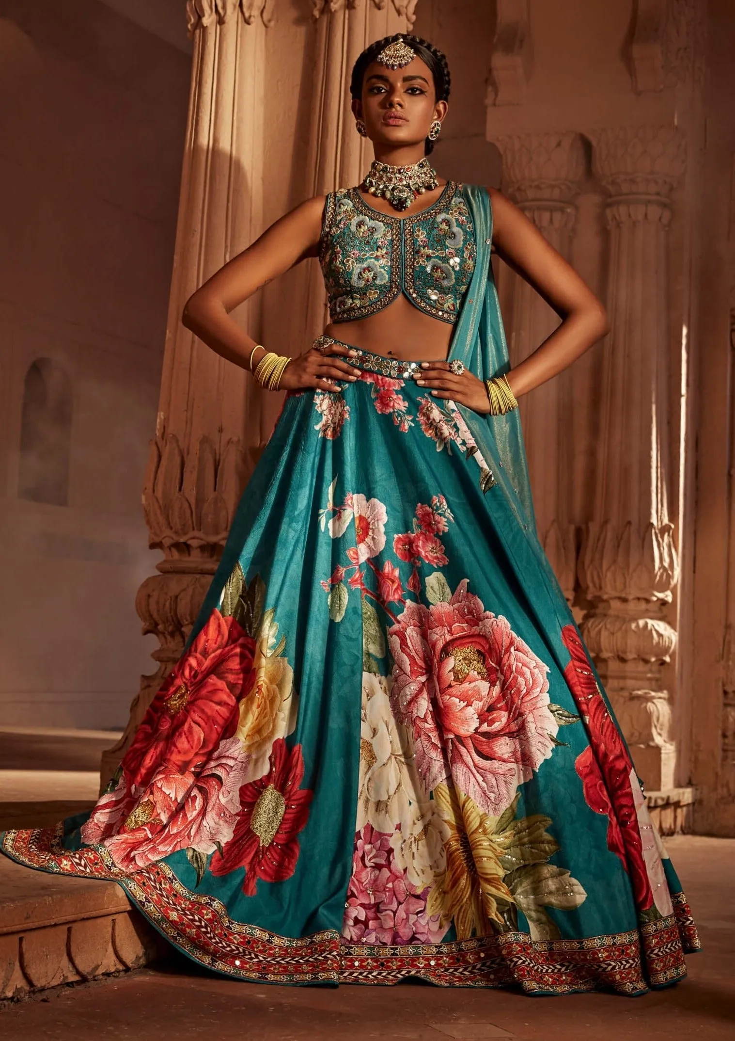 Gushaad teal blue floral lehenga set
