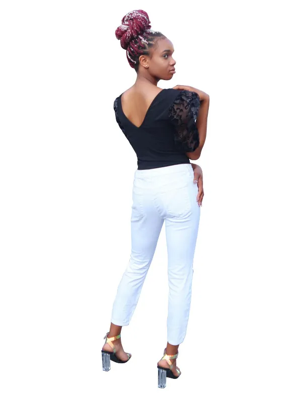 In My Bag- sheer sleeve plunge neck bodysuit