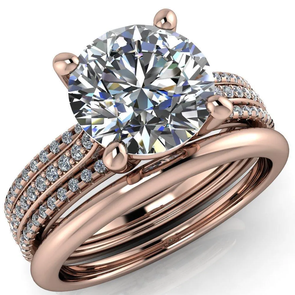 Isabella Round Center Stone Exquisite 4 Prong 3 Row Diamond Sides Ring