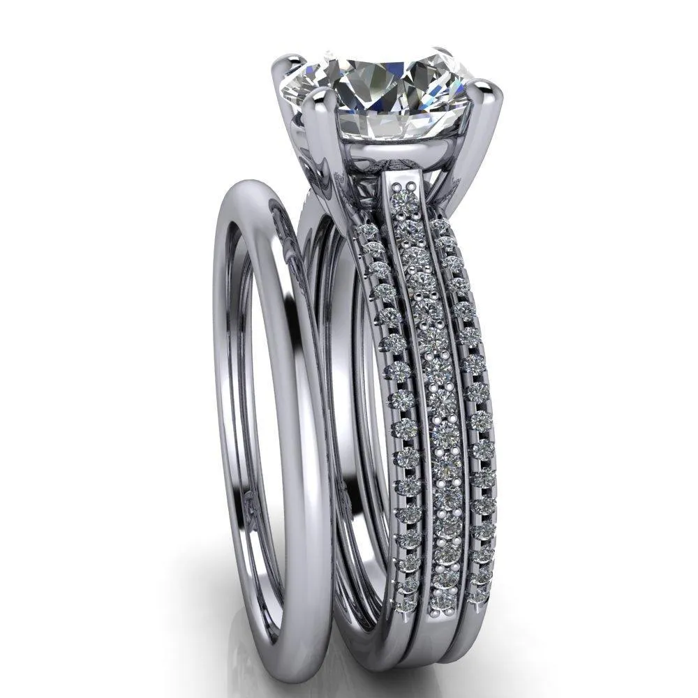 Isabella Round Center Stone Exquisite 4 Prong 3 Row Diamond Sides Ring