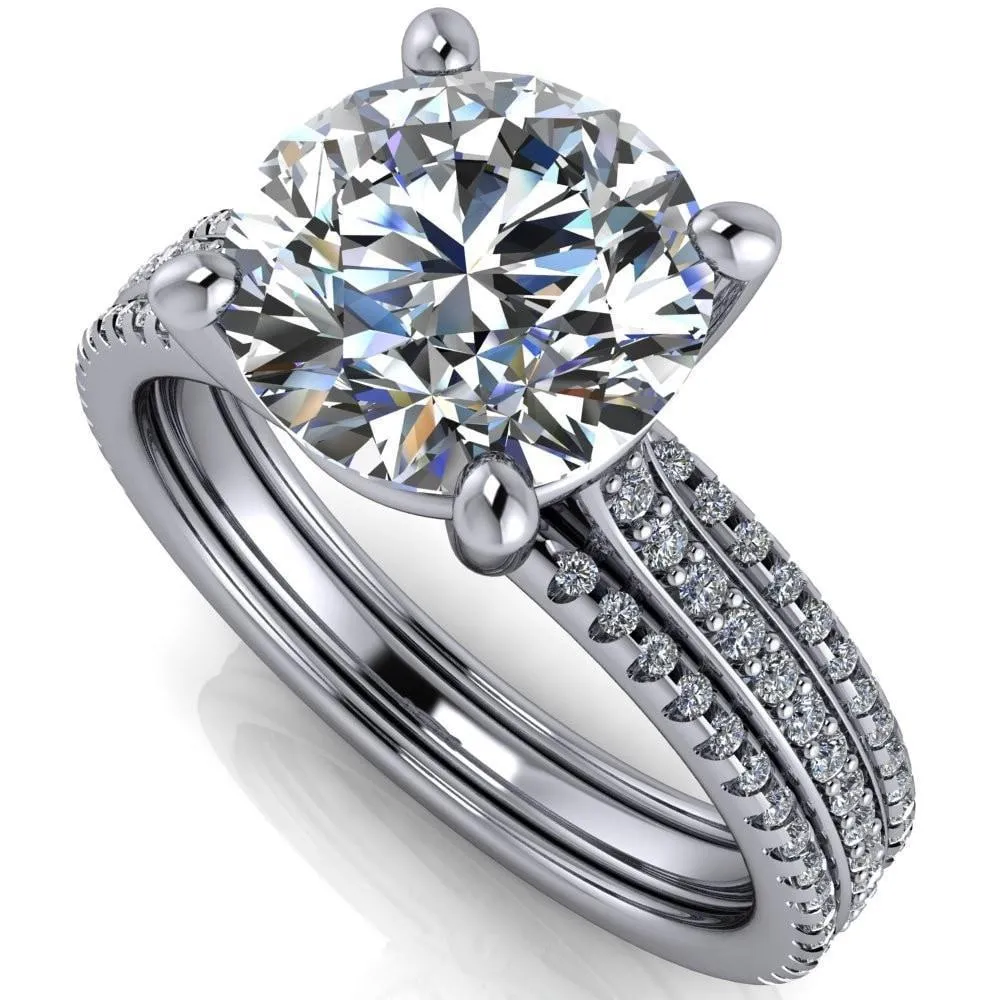 Isabella Round Center Stone Exquisite 4 Prong 3 Row Diamond Sides Ring
