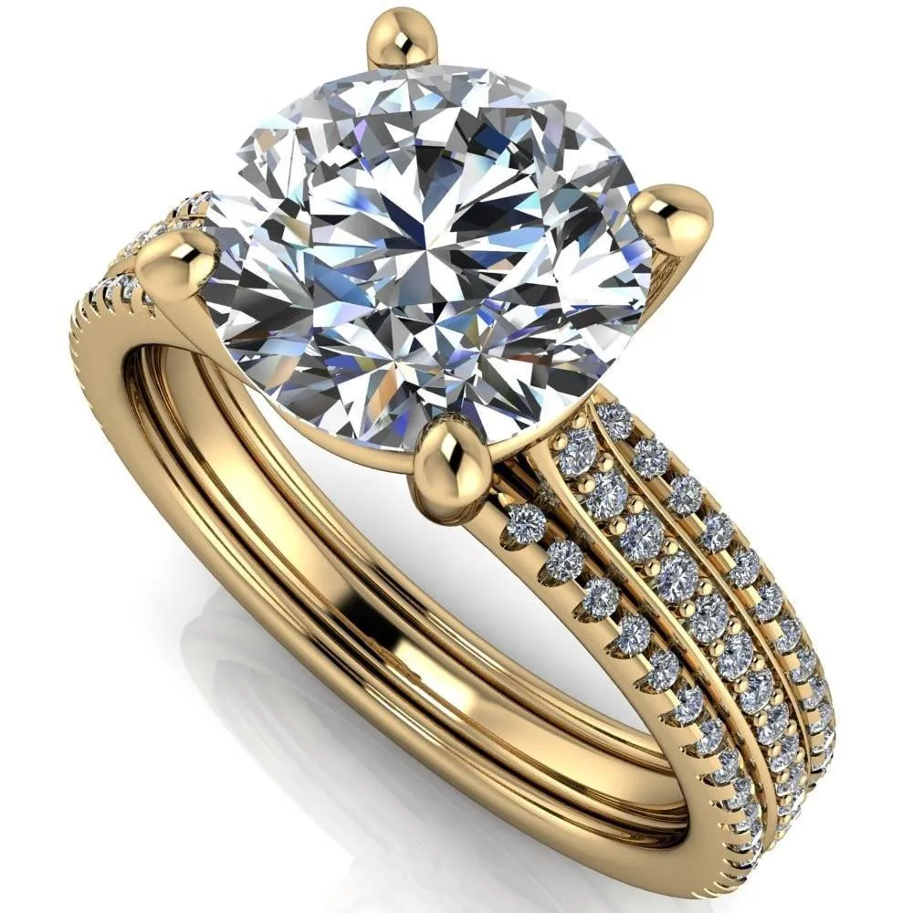 Isabella Round Center Stone Exquisite 4 Prong 3 Row Diamond Sides Ring