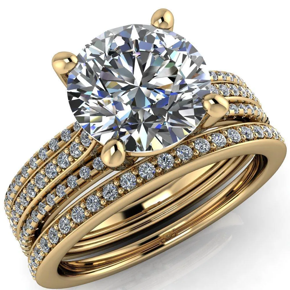 Isabella Round Center Stone Exquisite 4 Prong 3 Row Diamond Sides Ring