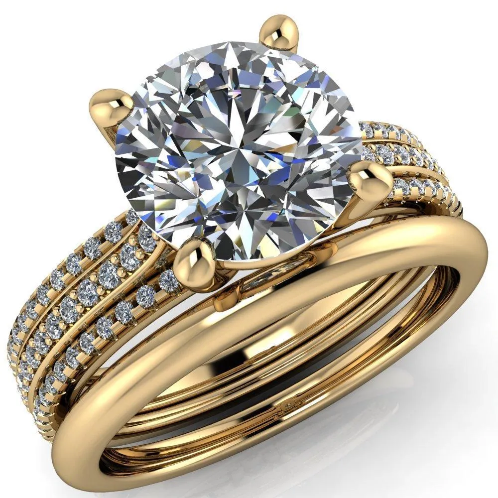 Isabella Round Center Stone Exquisite 4 Prong 3 Row Diamond Sides Ring