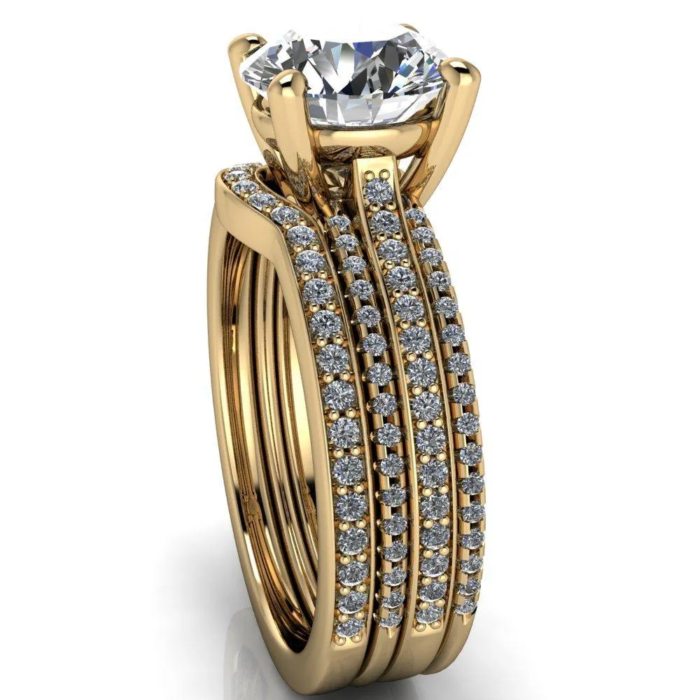 Isabella Round Center Stone Exquisite 4 Prong 3 Row Diamond Sides Ring