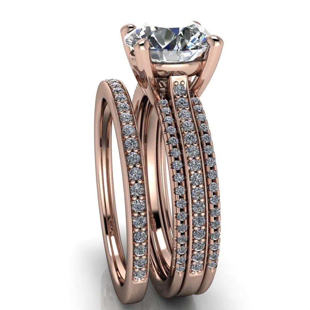Isabella Round Center Stone Exquisite 4 Prong 3 Row Diamond Sides Ring