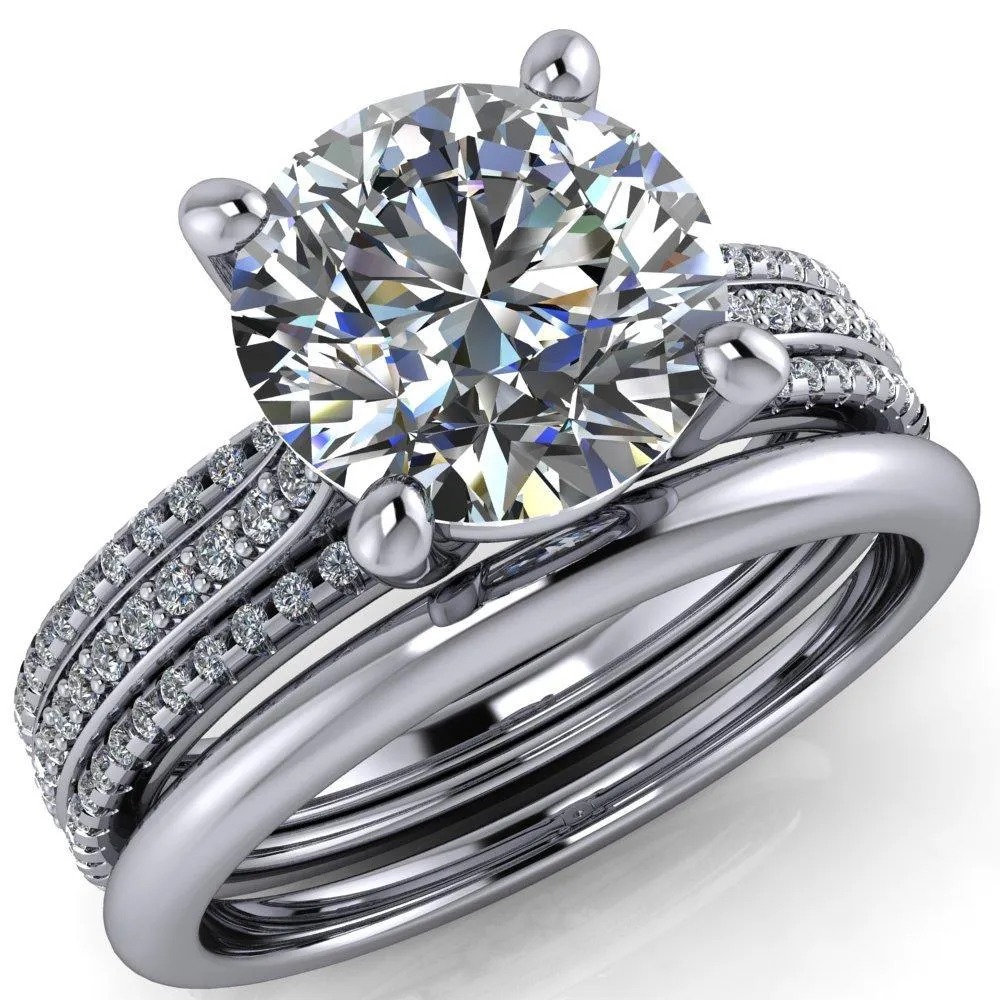 Isabella Round Center Stone Exquisite 4 Prong 3 Row Diamond Sides Ring