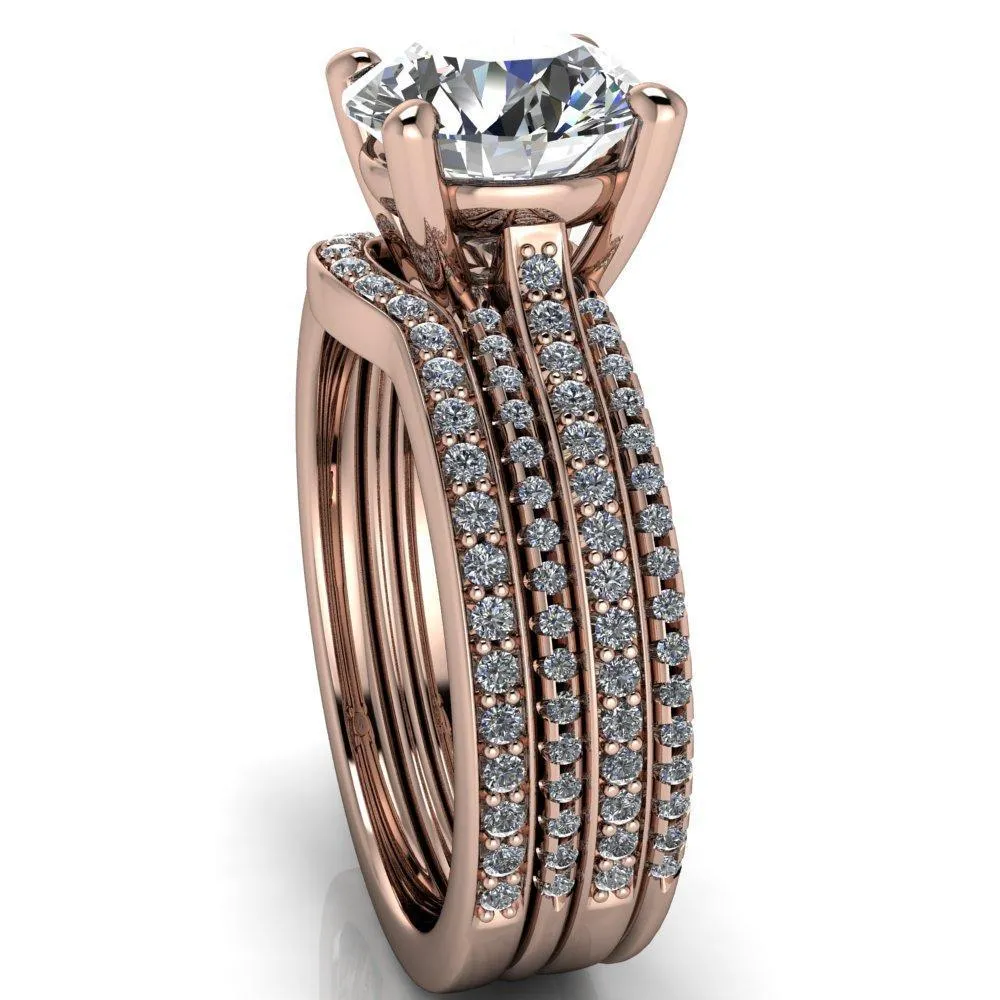 Isabella Round Center Stone Exquisite 4 Prong 3 Row Diamond Sides Ring