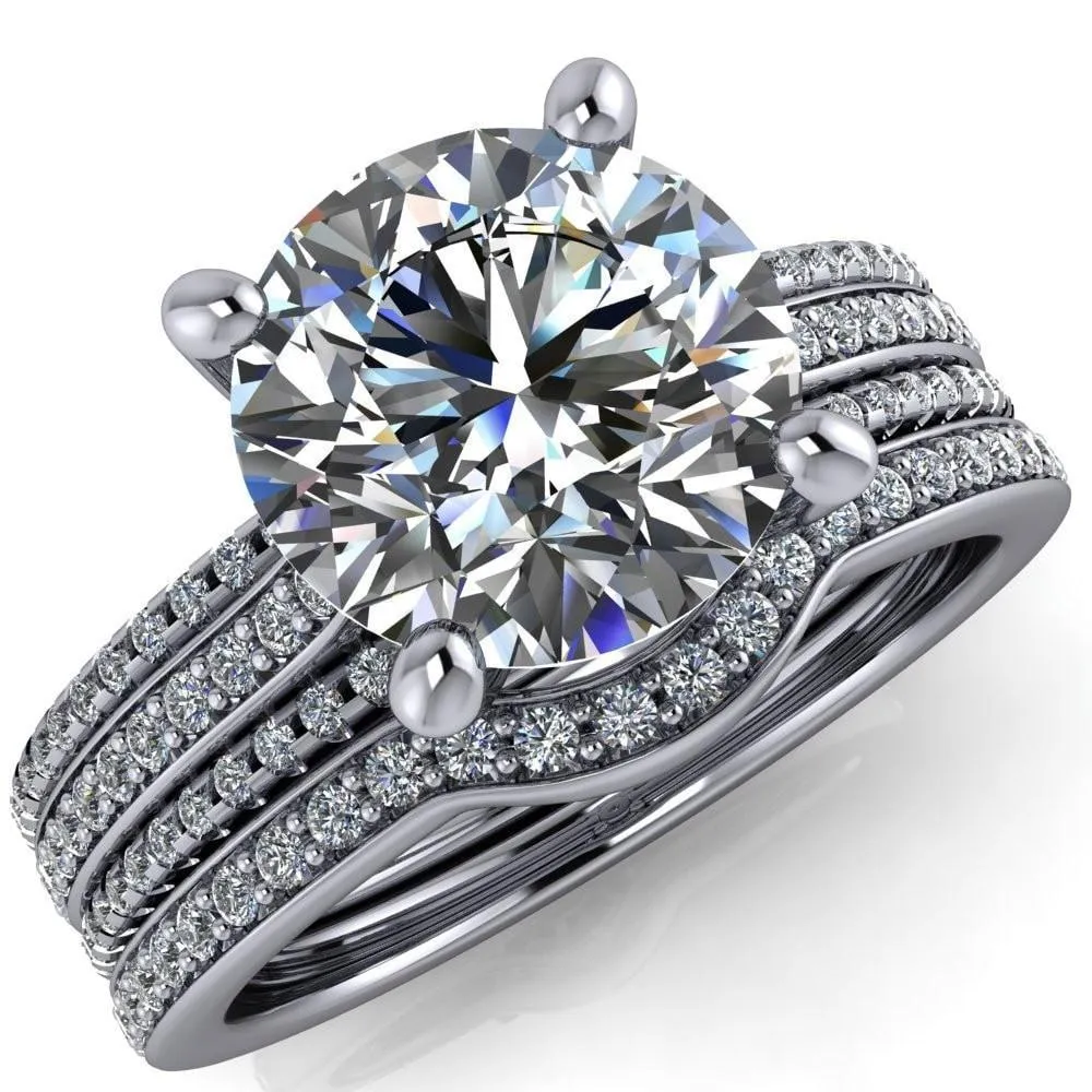 Isabella Round Center Stone Exquisite 4 Prong 3 Row Diamond Sides Ring