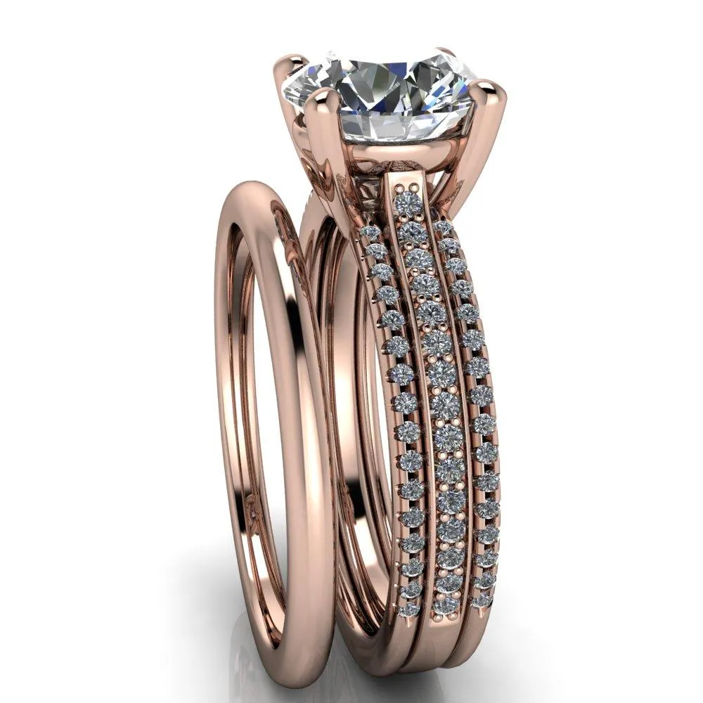 Isabella Round Center Stone Exquisite 4 Prong 3 Row Diamond Sides Ring