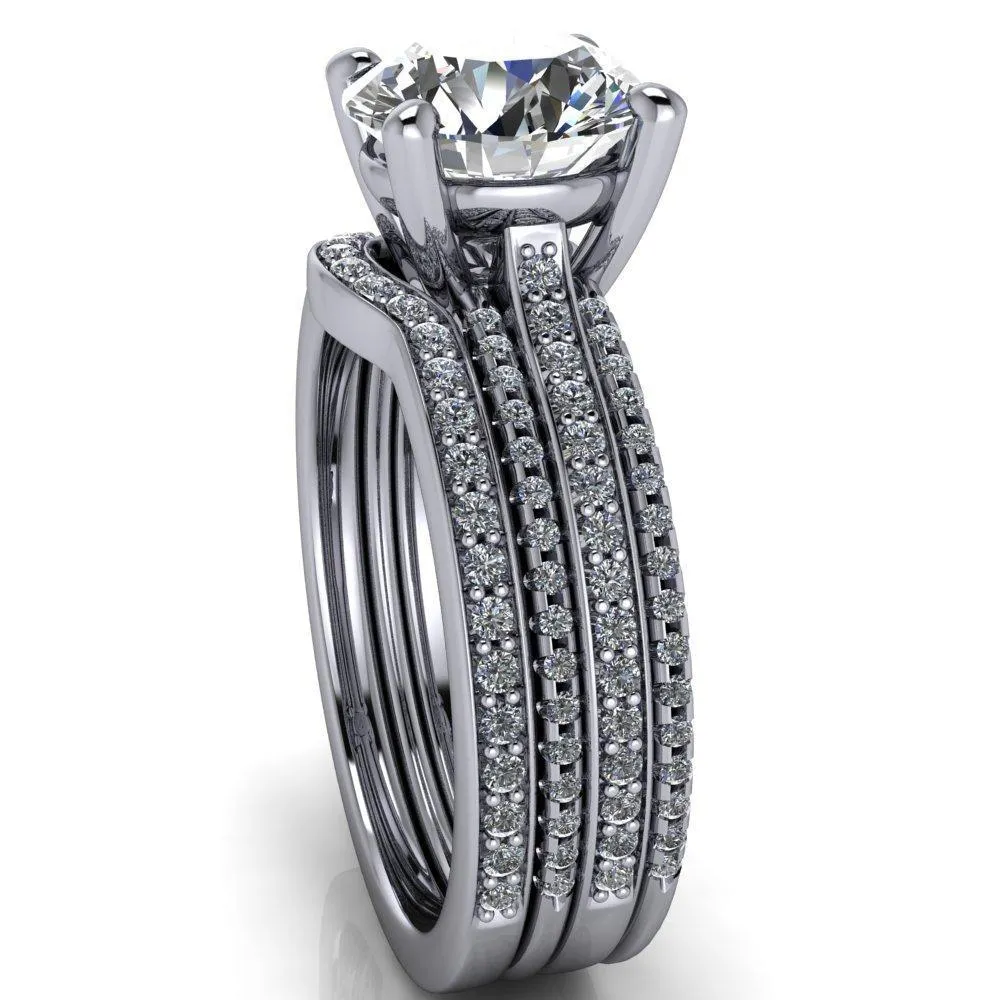 Isabella Round Center Stone Exquisite 4 Prong 3 Row Diamond Sides Ring