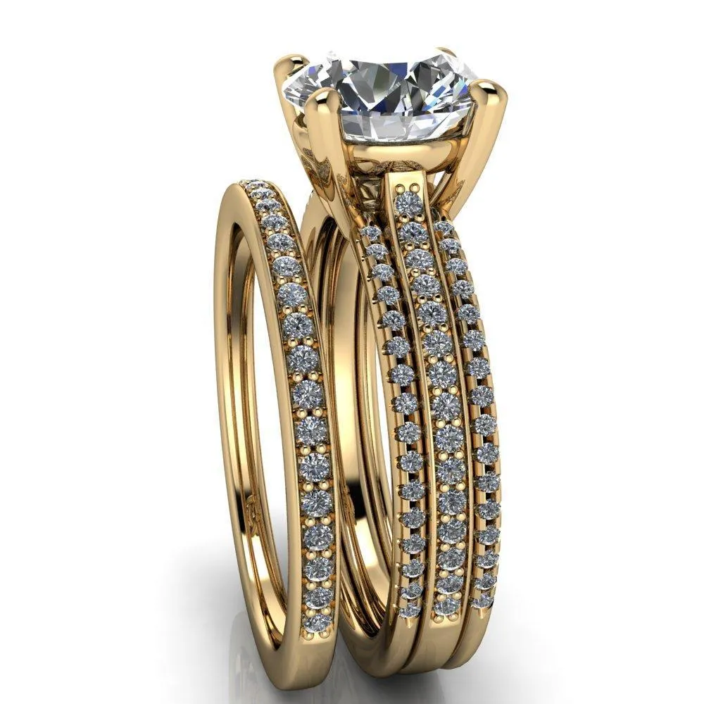 Isabella Round Center Stone Exquisite 4 Prong 3 Row Diamond Sides Ring