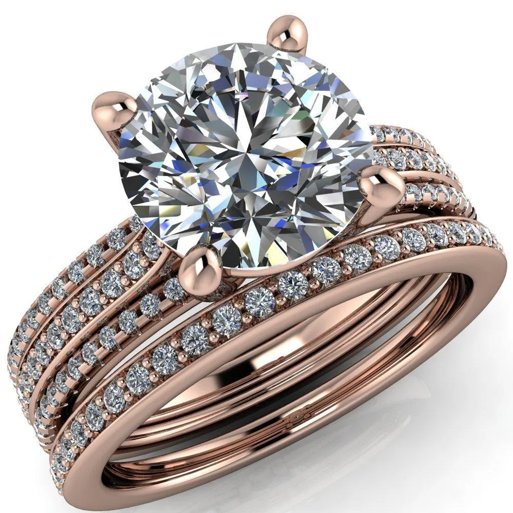 Isabella Round Center Stone Exquisite 4 Prong 3 Row Diamond Sides Ring