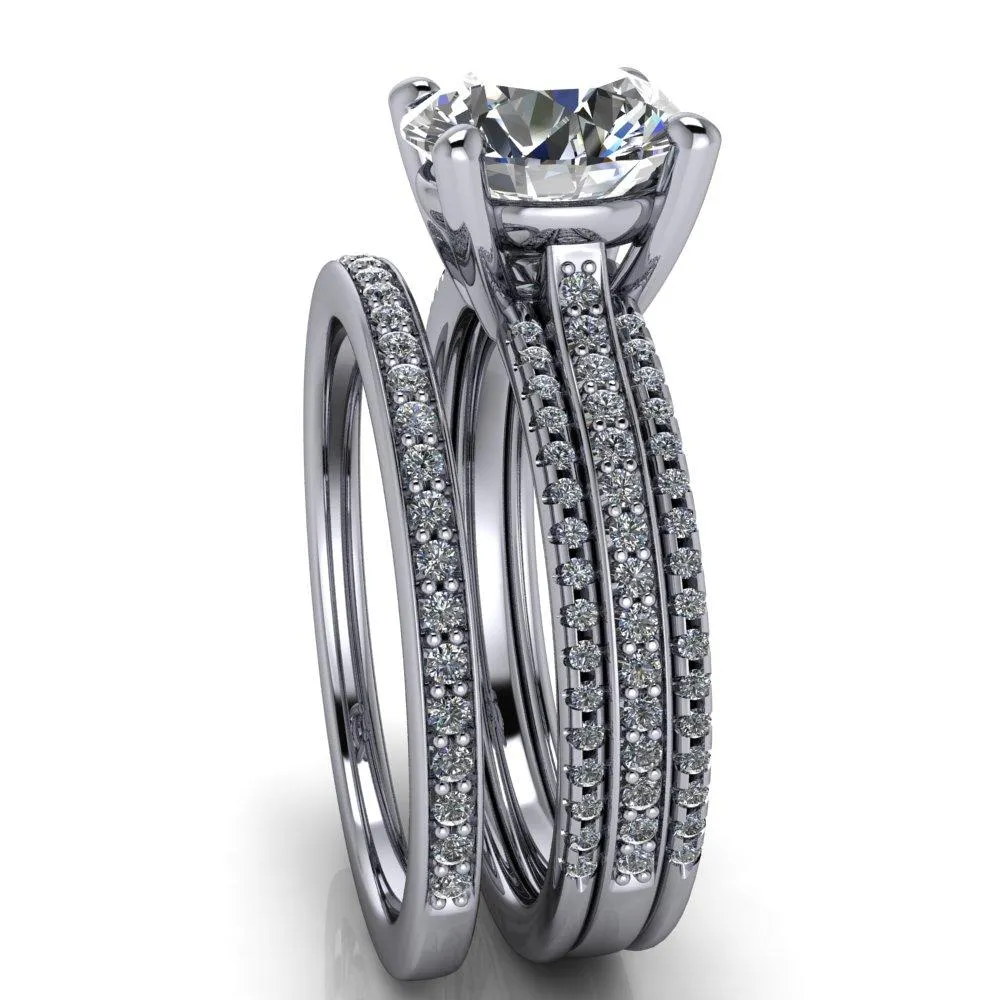 Isabella Round Center Stone Exquisite 4 Prong 3 Row Diamond Sides Ring