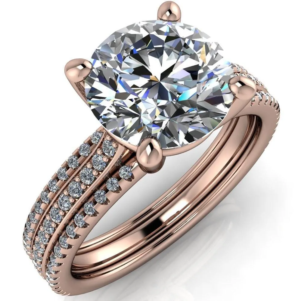 Isabella Round Center Stone Exquisite 4 Prong 3 Row Diamond Sides Ring
