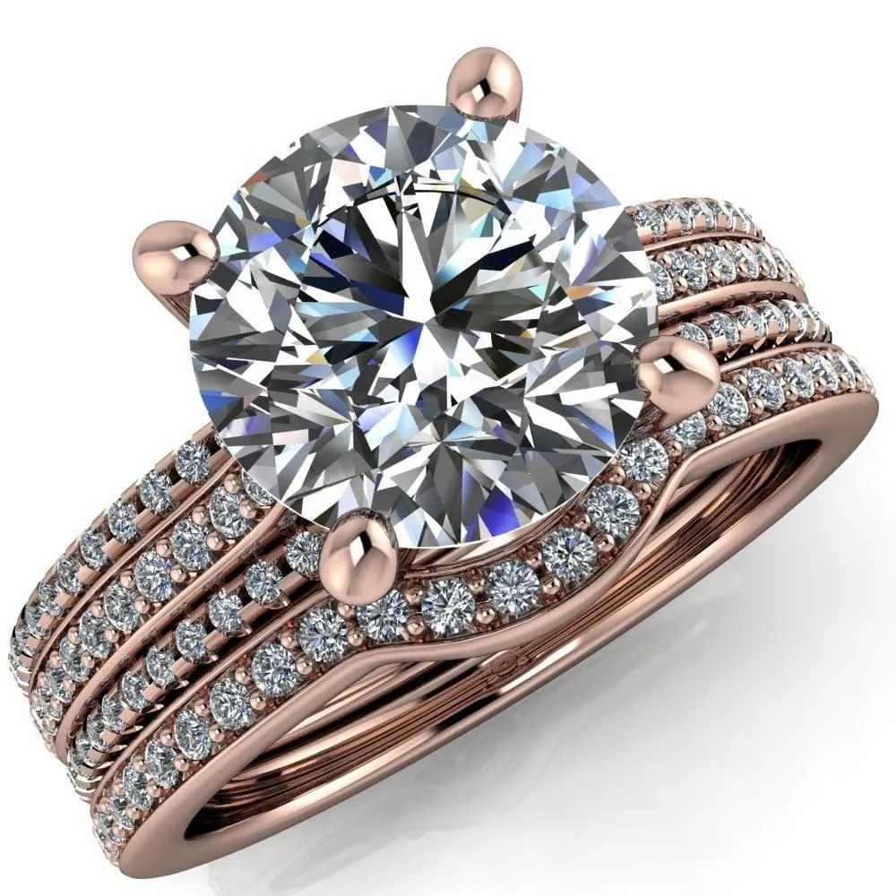 Isabella Round Center Stone Exquisite 4 Prong 3 Row Diamond Sides Ring