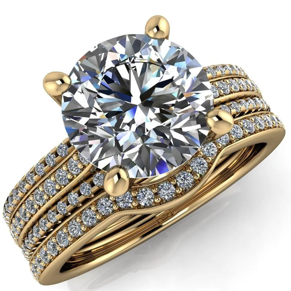 Isabella Round Center Stone Exquisite 4 Prong 3 Row Diamond Sides Ring