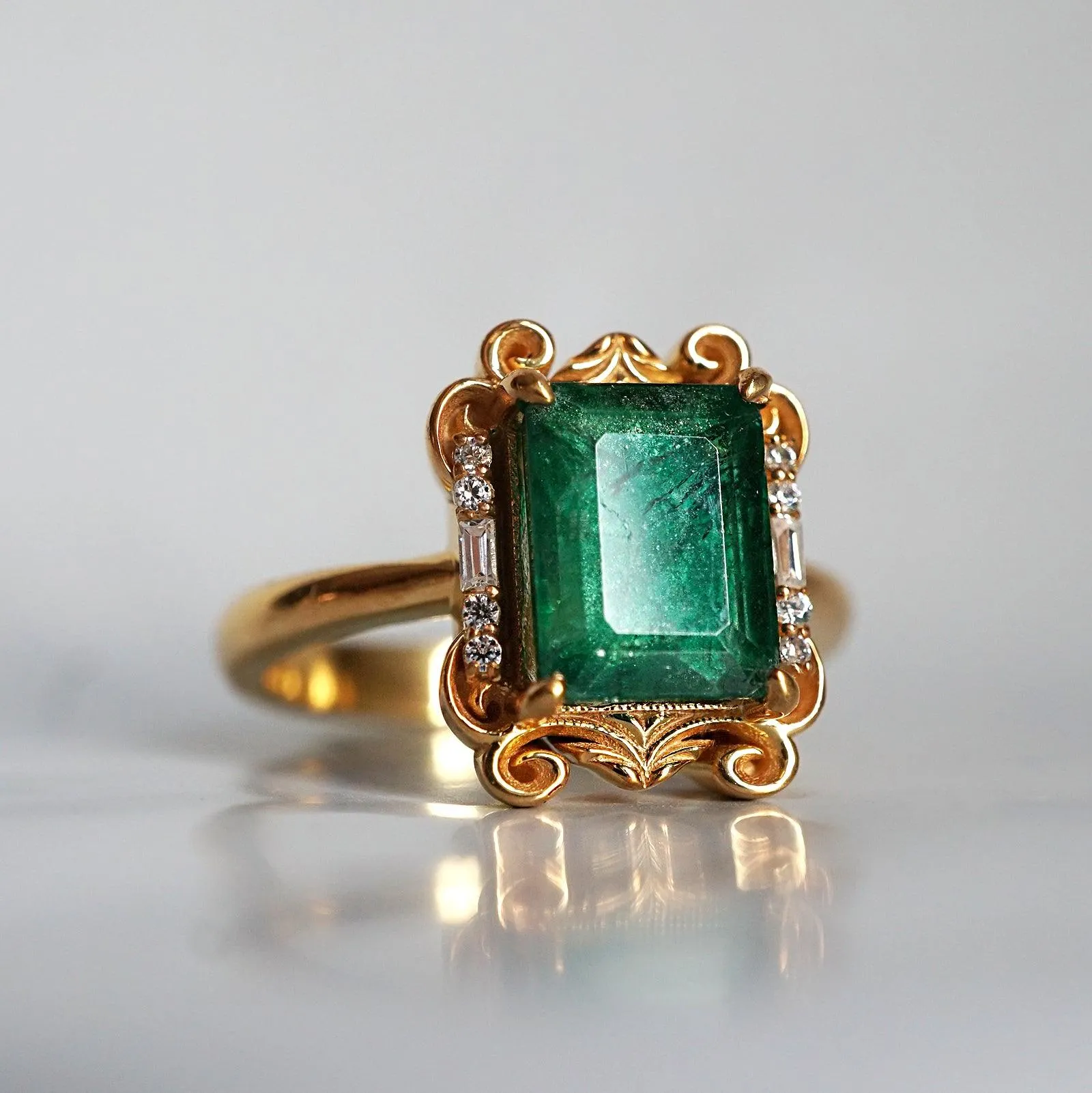 Isis Emerald Scroll Diamond Ring in 14K and 18K Gold