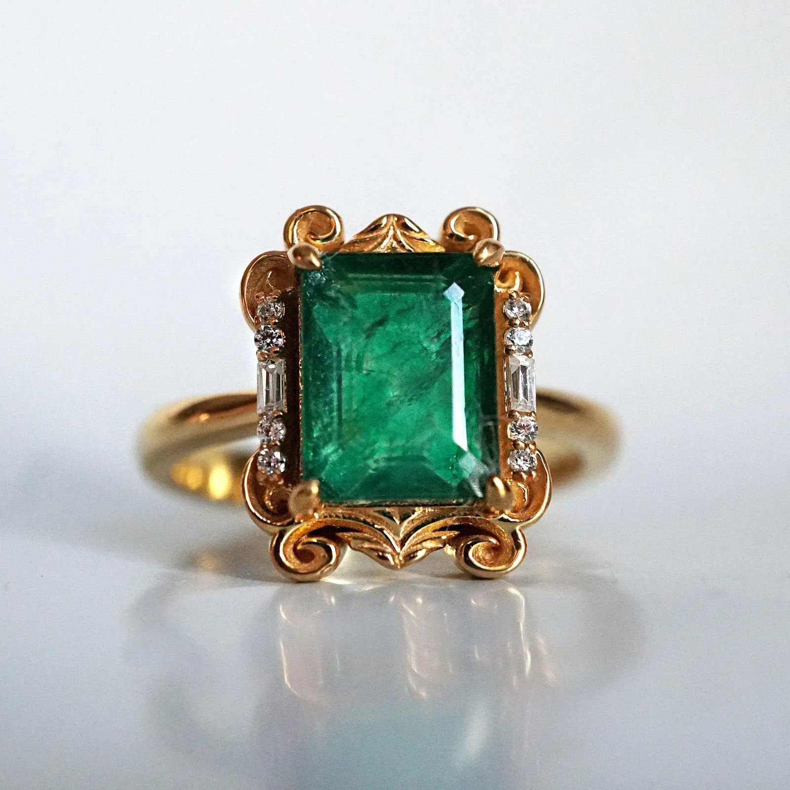 Isis Emerald Scroll Diamond Ring in 14K and 18K Gold