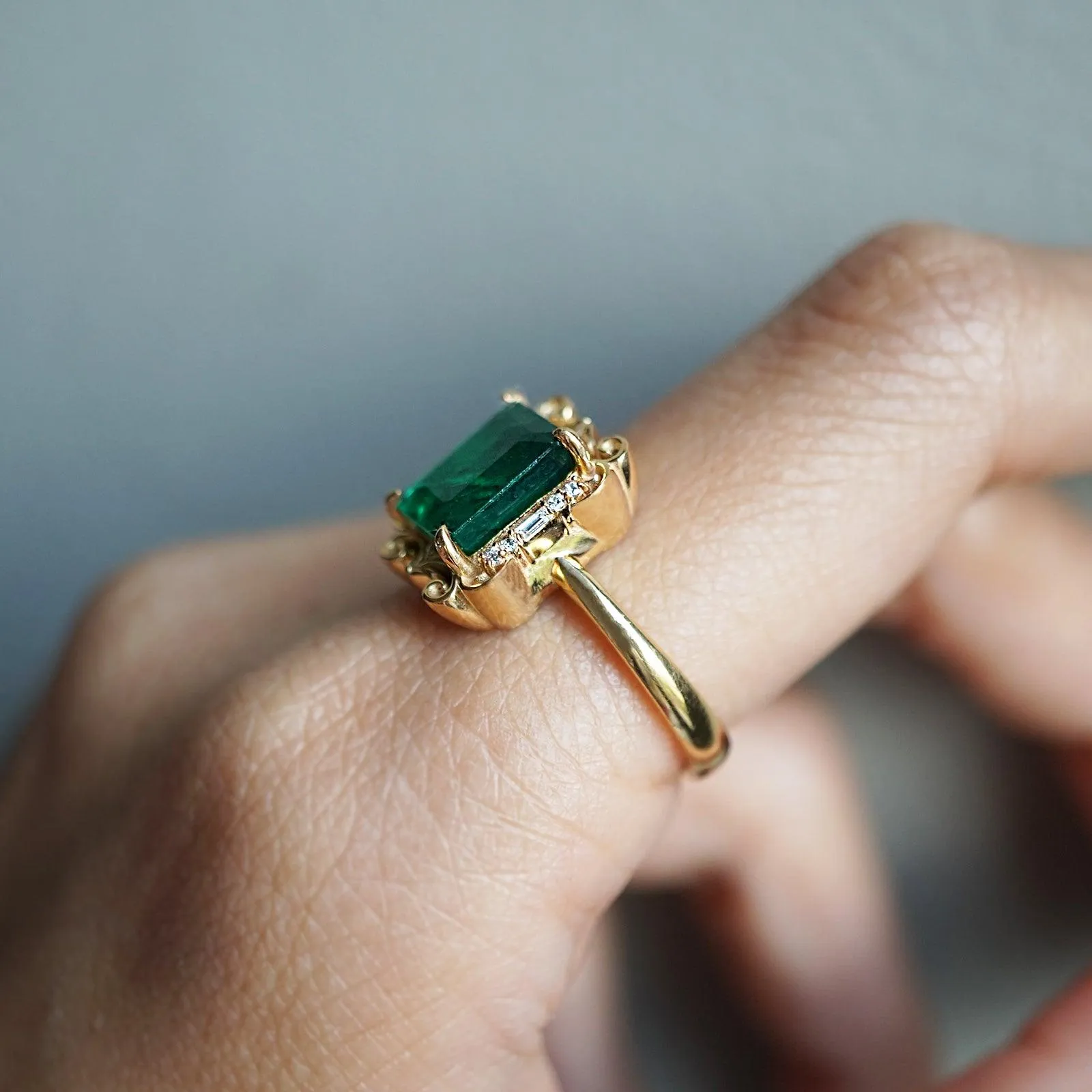 Isis Emerald Scroll Diamond Ring in 14K and 18K Gold