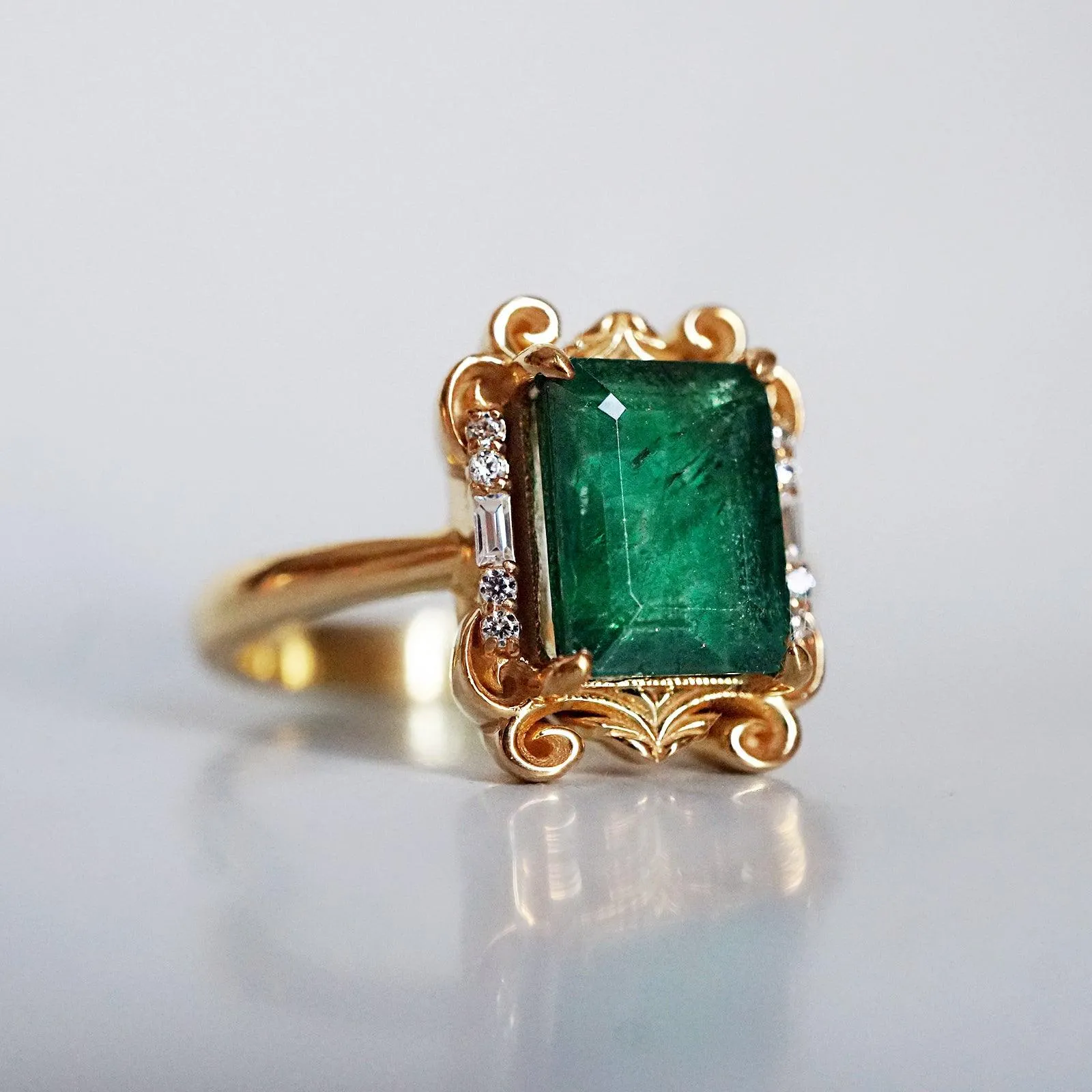 Isis Emerald Scroll Diamond Ring in 14K and 18K Gold