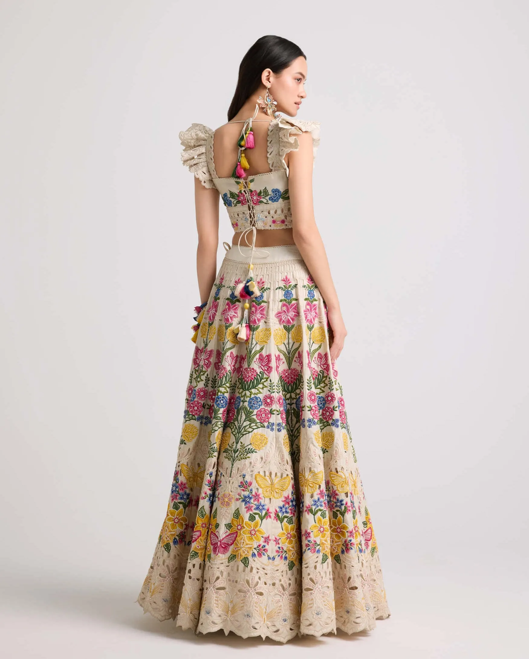 Ivory floral threadwork and beadwork lehenga
