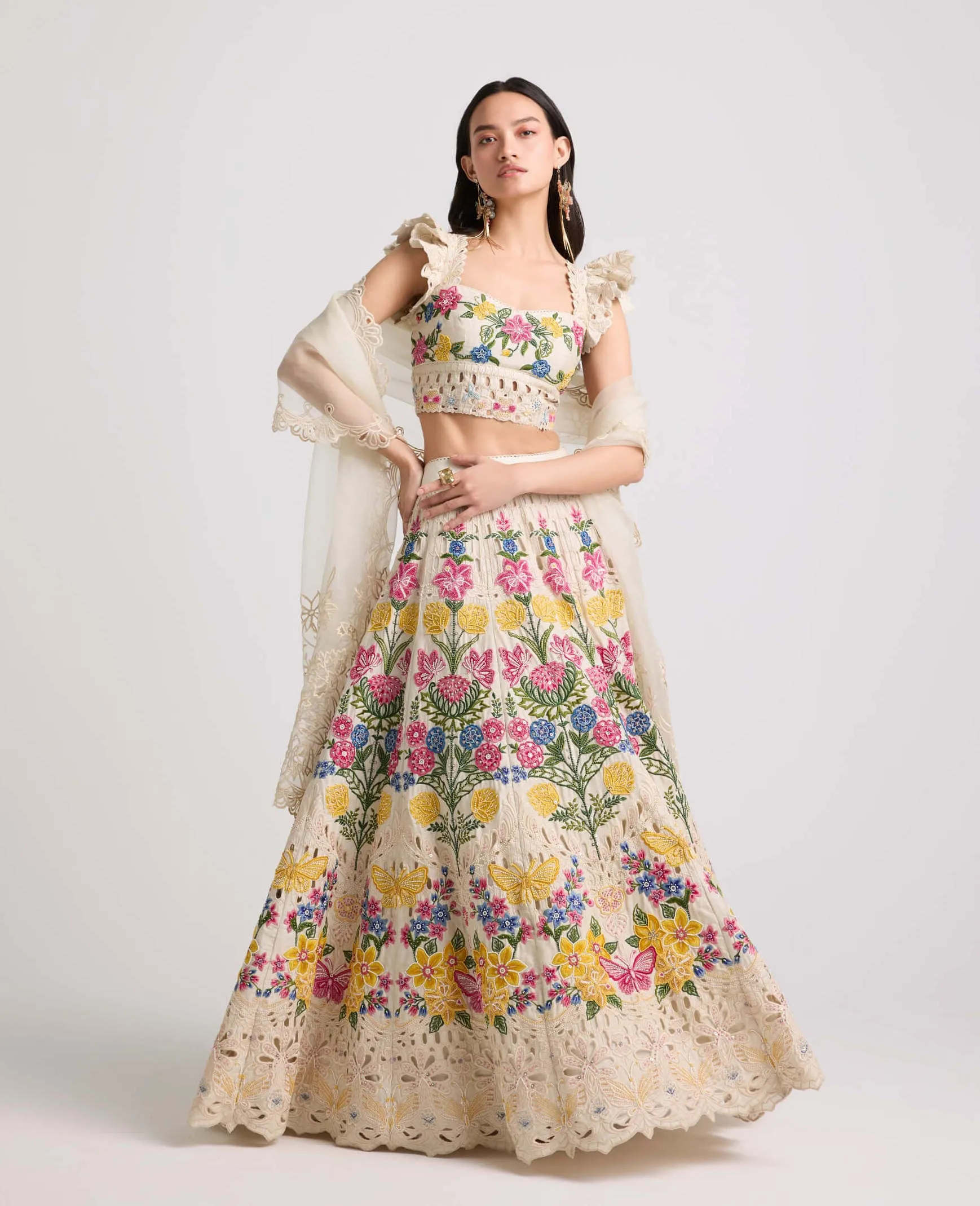 Ivory floral threadwork and beadwork lehenga