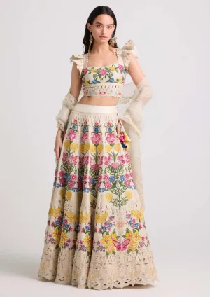 Ivory floral threadwork and beadwork lehenga