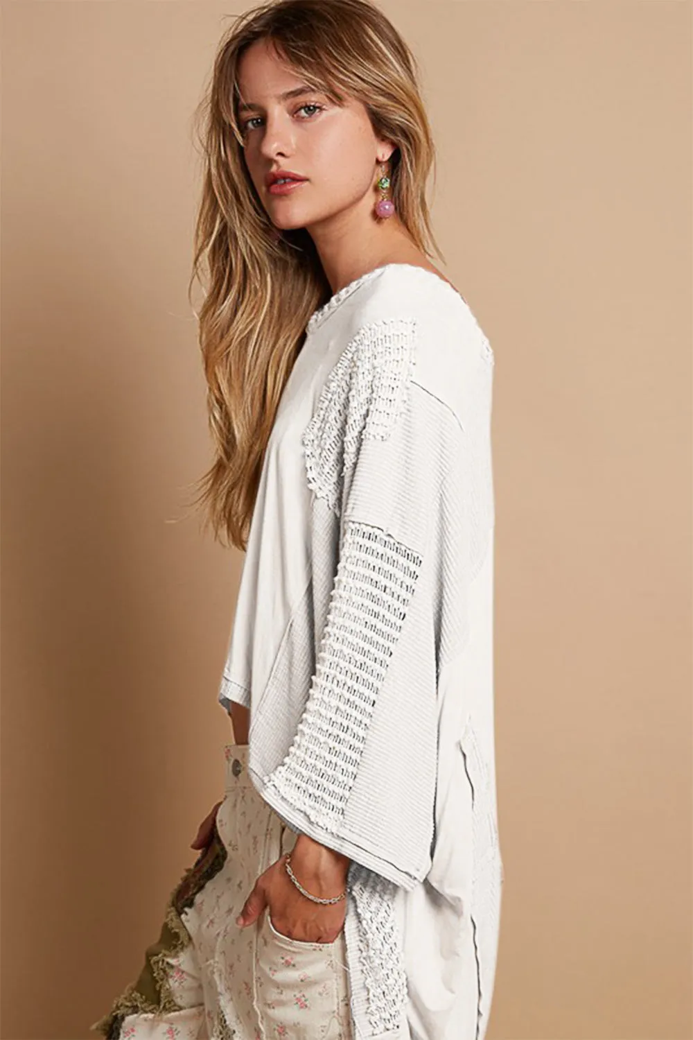Ivory High-Low Contrast V-Neck Top