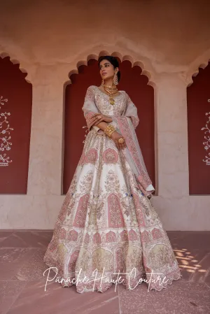 Ivory Lehenga with Pink and Green Applique Zeenat