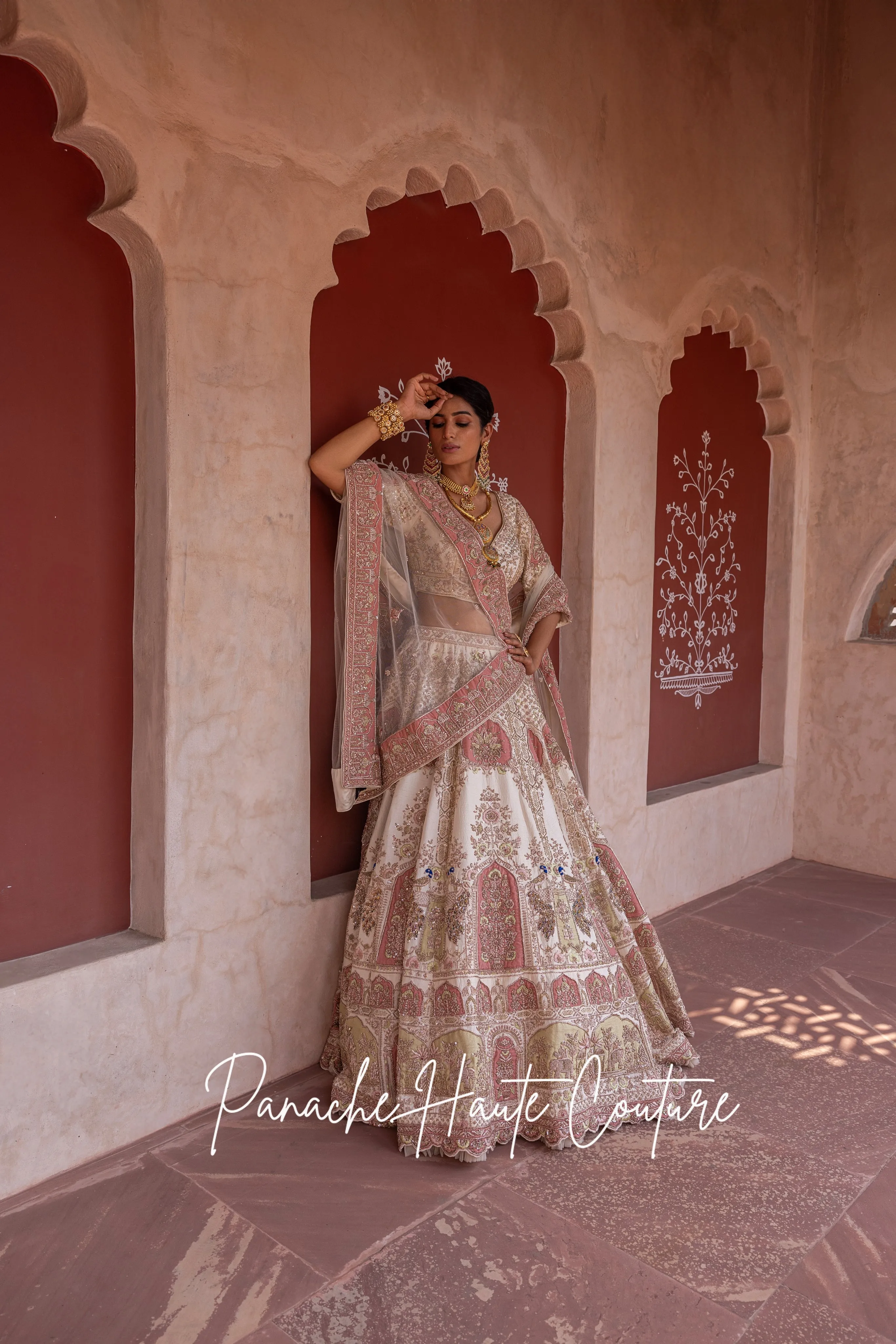 Ivory Lehenga with Pink and Green Applique Zeenat