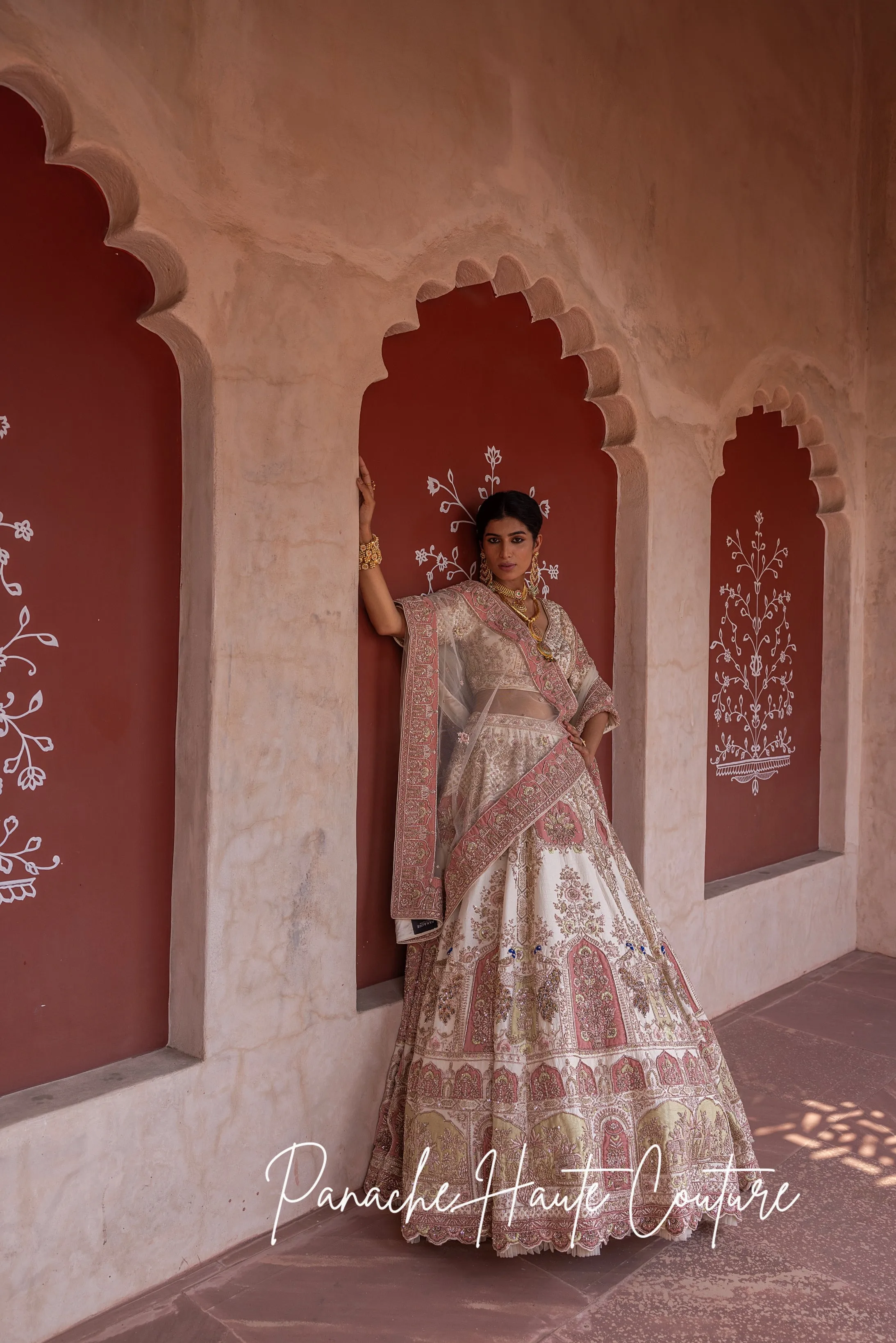 Ivory Lehenga with Pink and Green Applique Zeenat