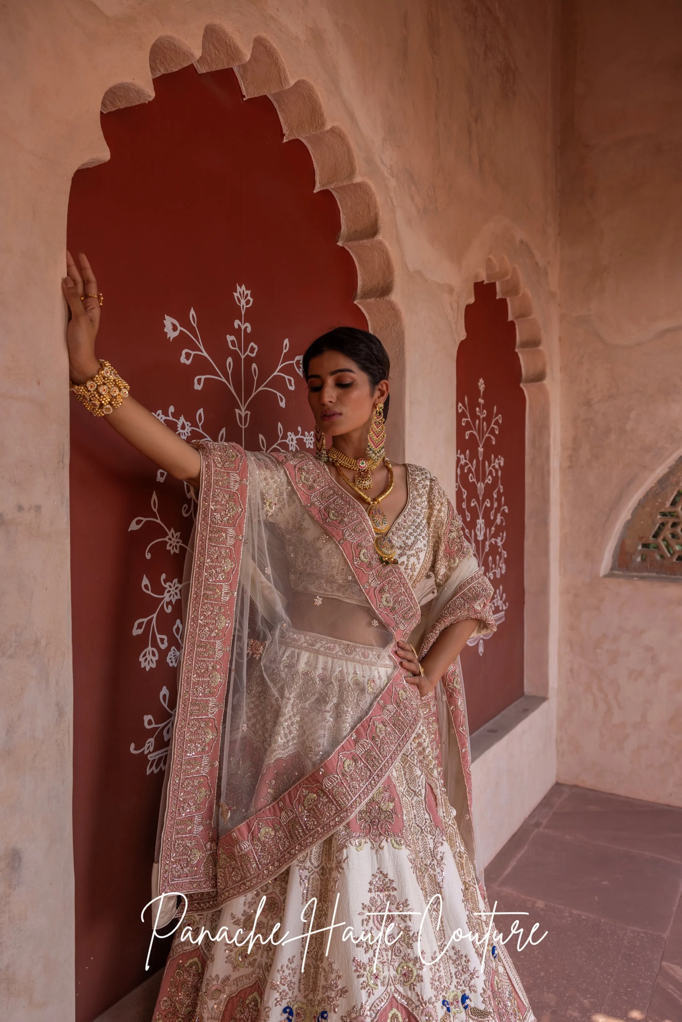 Ivory Lehenga with Pink and Green Applique Zeenat