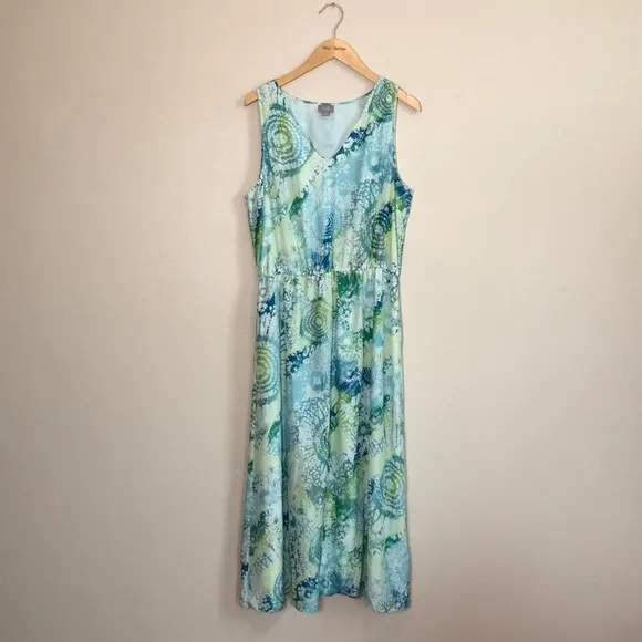 J. JILL Women Large Cotton Silk Blend Vneck Sleeveless Pastel Maxi Dress Beachy