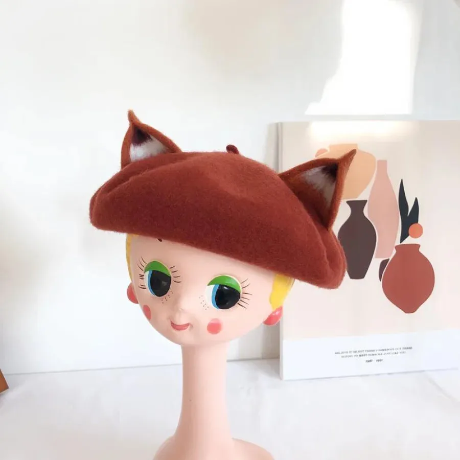 Japanese New Cute Fox Ear Caramel Woolen Beret Caps C00061