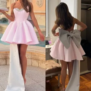 JazzHer Customized Casual Jersey Pleat Bow A-line Sweetheart Short Dresses Bespoke Occasion Dresses Classic Exquisite Modern Style Pastr (PRE-ORDER)