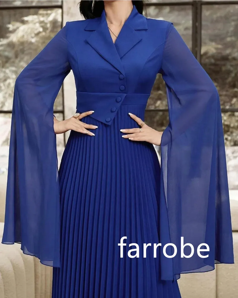 JazzHer Customized Exquisite Chiffon Pleat Button A-line V-neck Midi Dresses Bespoke Occasion Dresses Modern Style Pastrol Unisex Chines (PRE-ORDER)