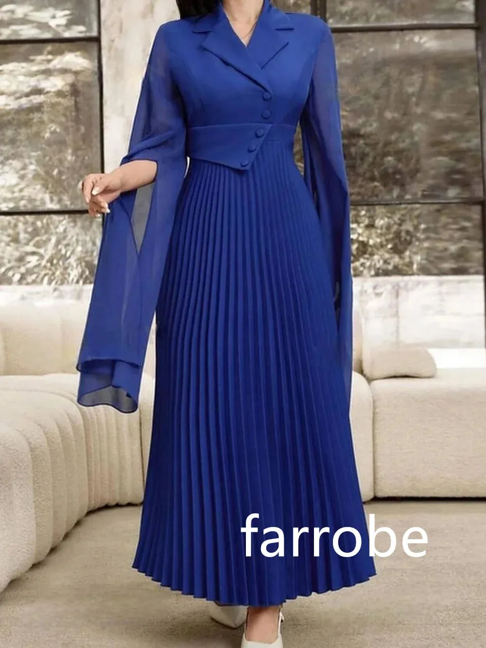 JazzHer Customized Exquisite Chiffon Pleat Button A-line V-neck Midi Dresses Bespoke Occasion Dresses Modern Style Pastrol Unisex Chines (PRE-ORDER)