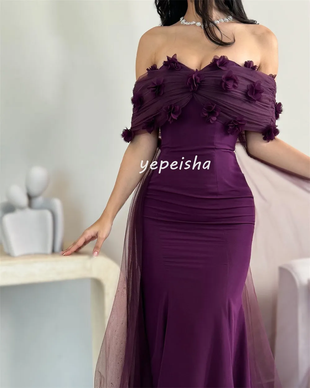 JazzHer Customized Exquisite Intricate Jersey Tulle Flower Beading Mermaid Off-the-shoulder Long Dresses Bespoke Occasion Dresses Formal (PRE-ORDER)