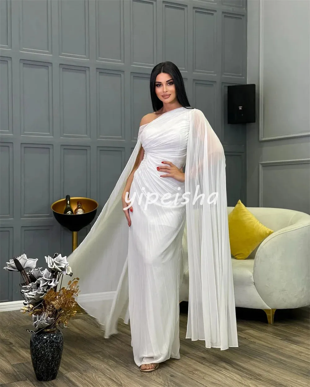 JazzHer Customized Fashion Classic Chiffon Pleat Ruched Draped Straight Off-the-shoulder Long Dresses Bespoke Occasion Dresses Exquisite (PRE-ORDER)