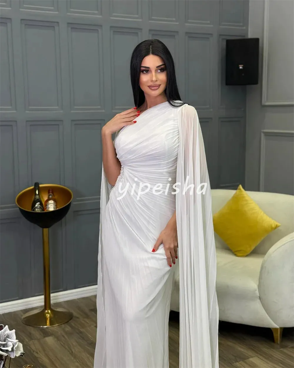 JazzHer Customized Fashion Classic Chiffon Pleat Ruched Draped Straight Off-the-shoulder Long Dresses Bespoke Occasion Dresses Exquisite (PRE-ORDER)