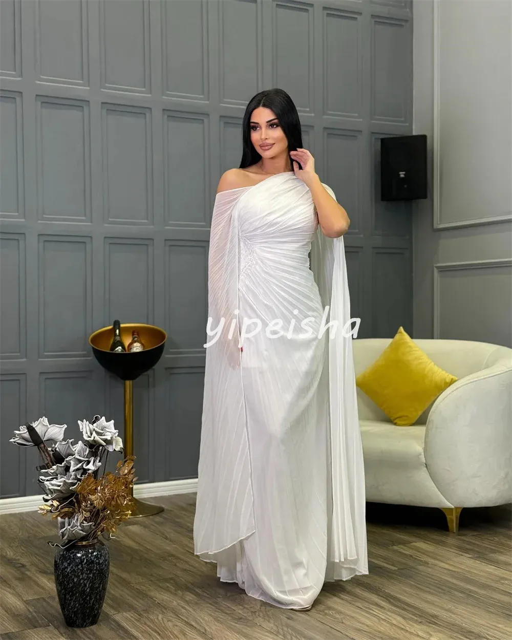 JazzHer Customized Fashion Classic Chiffon Pleat Ruched Draped Straight Off-the-shoulder Long Dresses Bespoke Occasion Dresses Exquisite (PRE-ORDER)