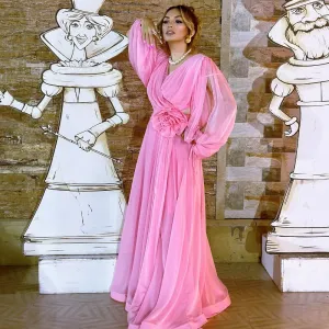 JazzHer Customized Fashion Exquisite Chiffon Handmade Flower Pleat Draped A-line V-neck Long Dresses Bespoke Occasion Dresses Casual (PRE-ORDER)