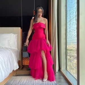 JazzHer Customized Retro Net Pleat Tiered A-line Strapless Long Dresses Bespoke Occasion Dresses Classic Exquisite Modern Style Pastrol (PRE-ORDER)
