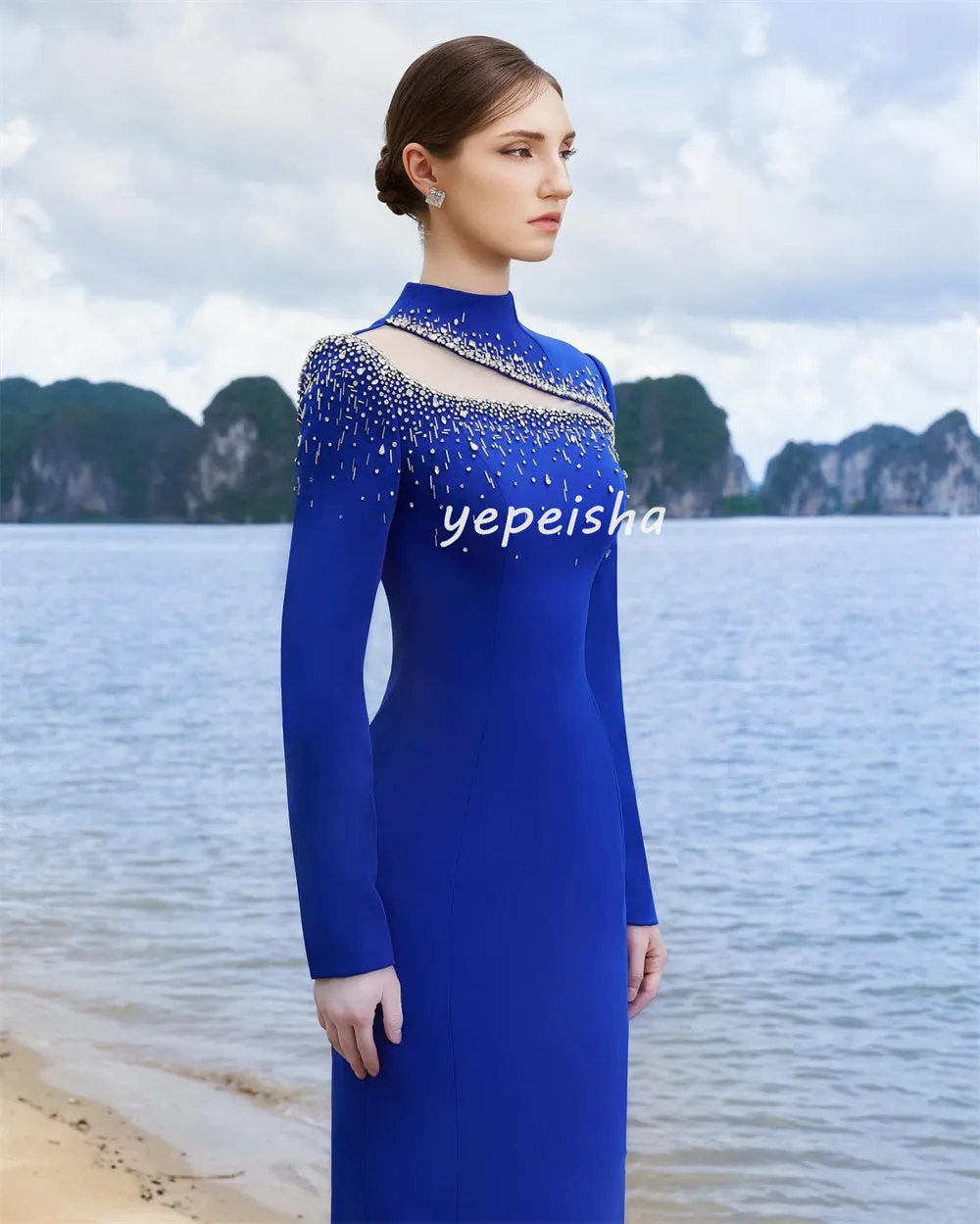 JazzHer Customized Sparkle Modern Style Jersey Beading Sequined Straight High Collar Long Dresses Bespoke Occasion Dresses Exquisite (PRE-ORDER)
