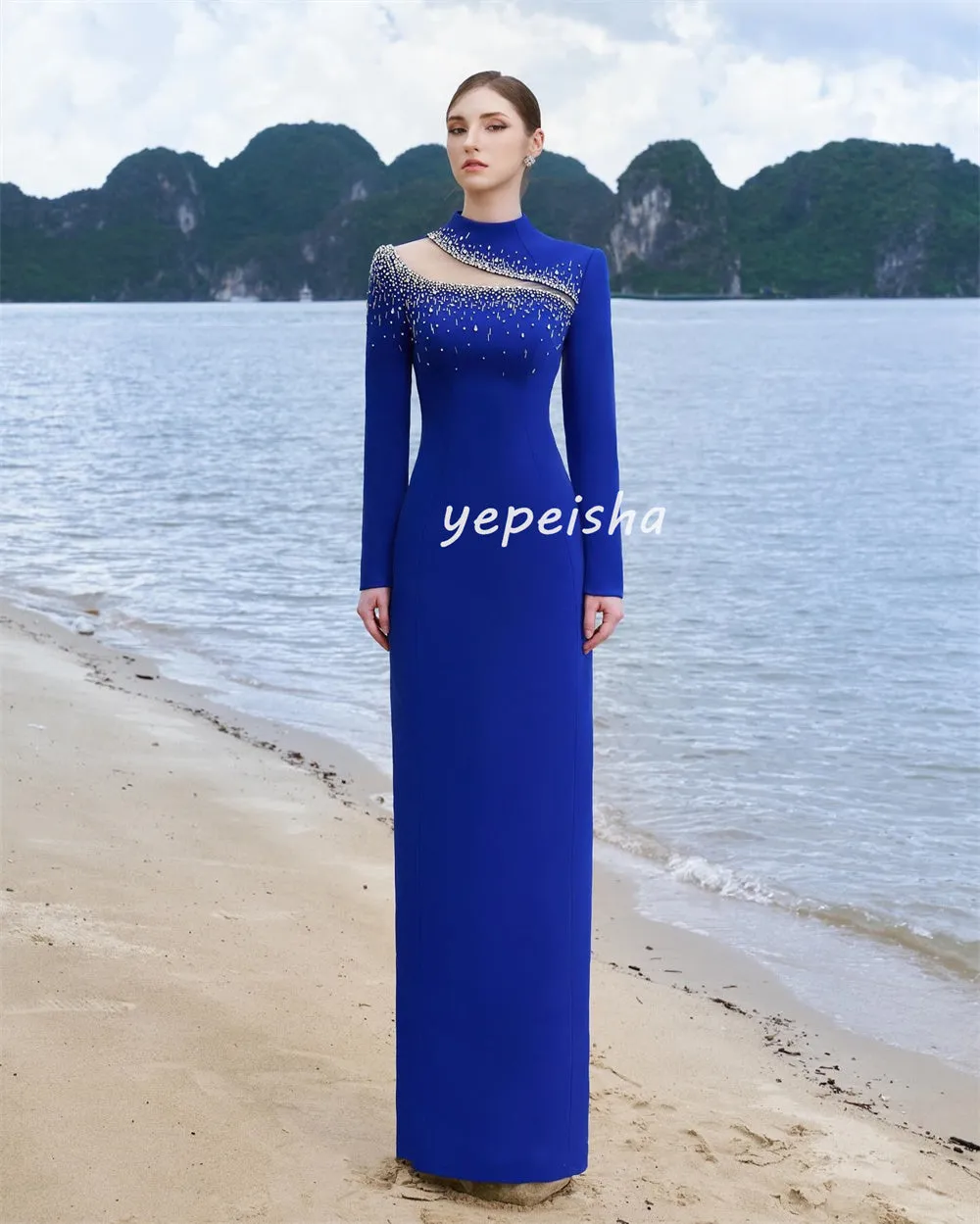 JazzHer Customized Sparkle Modern Style Jersey Beading Sequined Straight High Collar Long Dresses Bespoke Occasion Dresses Exquisite (PRE-ORDER)