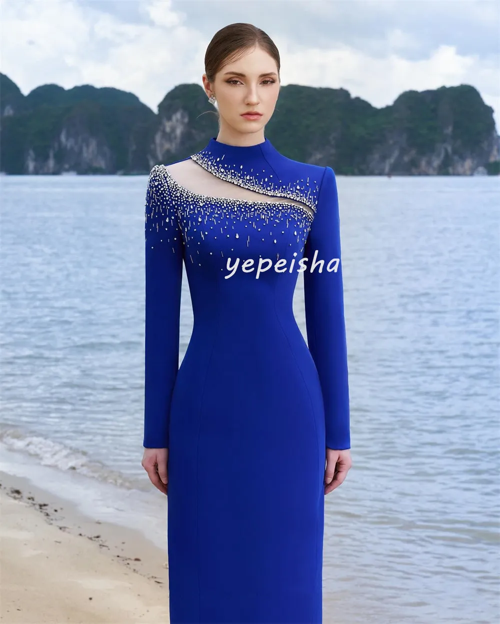 JazzHer Customized Sparkle Modern Style Jersey Beading Sequined Straight High Collar Long Dresses Bespoke Occasion Dresses Exquisite (PRE-ORDER)